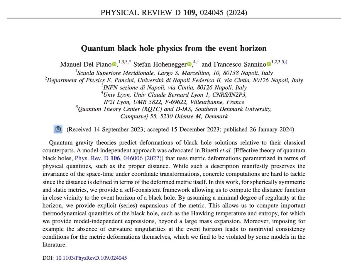 ⭐️ Happy to share that our work on universal properties of Quantum Black Holes has just been published. 

The referee says:  
"The authors should be congratulated for their efforts to find some general features of the deformed Schwarzschild metric. "

journals.aps.org/prd/abstract/1…