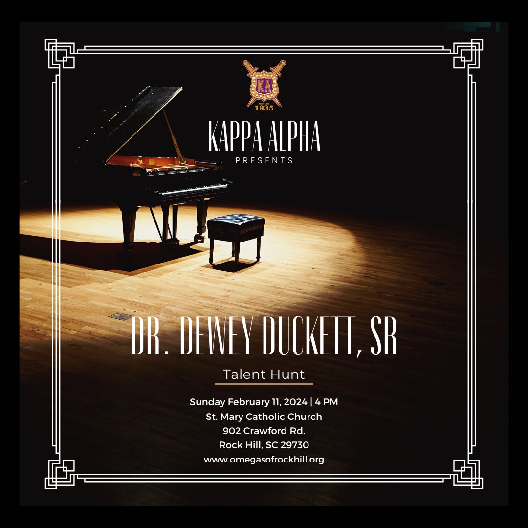 OmegaofRockHill's tweet photo. Join us for the Dr. Dewey Duckett, Sr. Talent Hunt: High School Classical Music Competition on Sunday, February 11th, 2024 at 4:00 PM
Location: St. Mary Catholic Church, 902 Crawford Rd. Rock Hill, SC 

#TalentHunt #ClassicalMusic #RockHill #OmegasofRockHill #Ques #DaBruhz https://t.co/MzOEj8wLAr