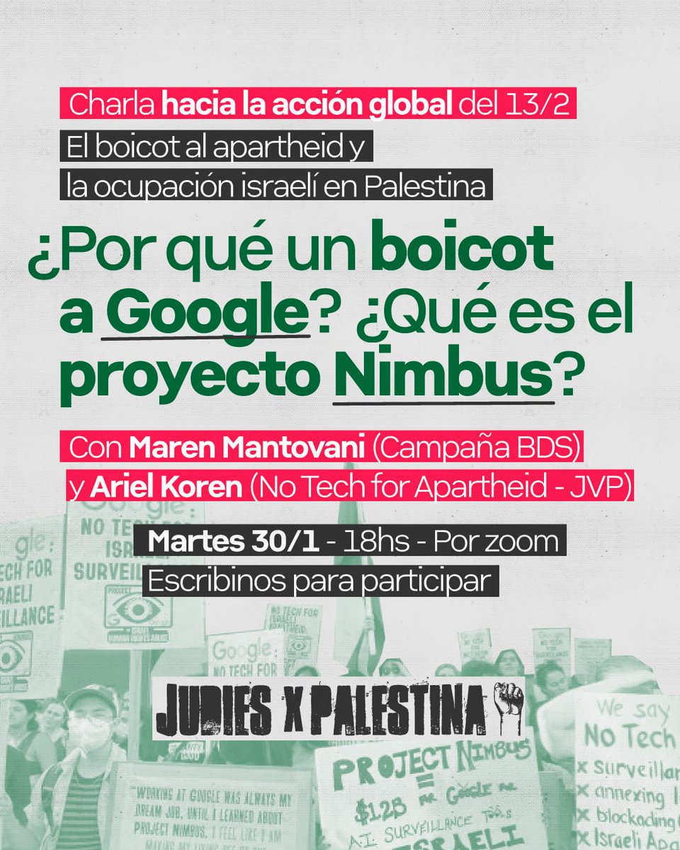 JXPalestina's tweet image. No te pierdas esta charla virtual el próximo martes. Para aprender sobre el proyecto Nimbus y saber más sobre la campaña de Boicot, Desinversión y Sanciones.
Escribinos por inbox para recibir el enlace del zoom, o sumate a nuestro canal de Whatsapp 
#Google #ProjectNimbus #BDS