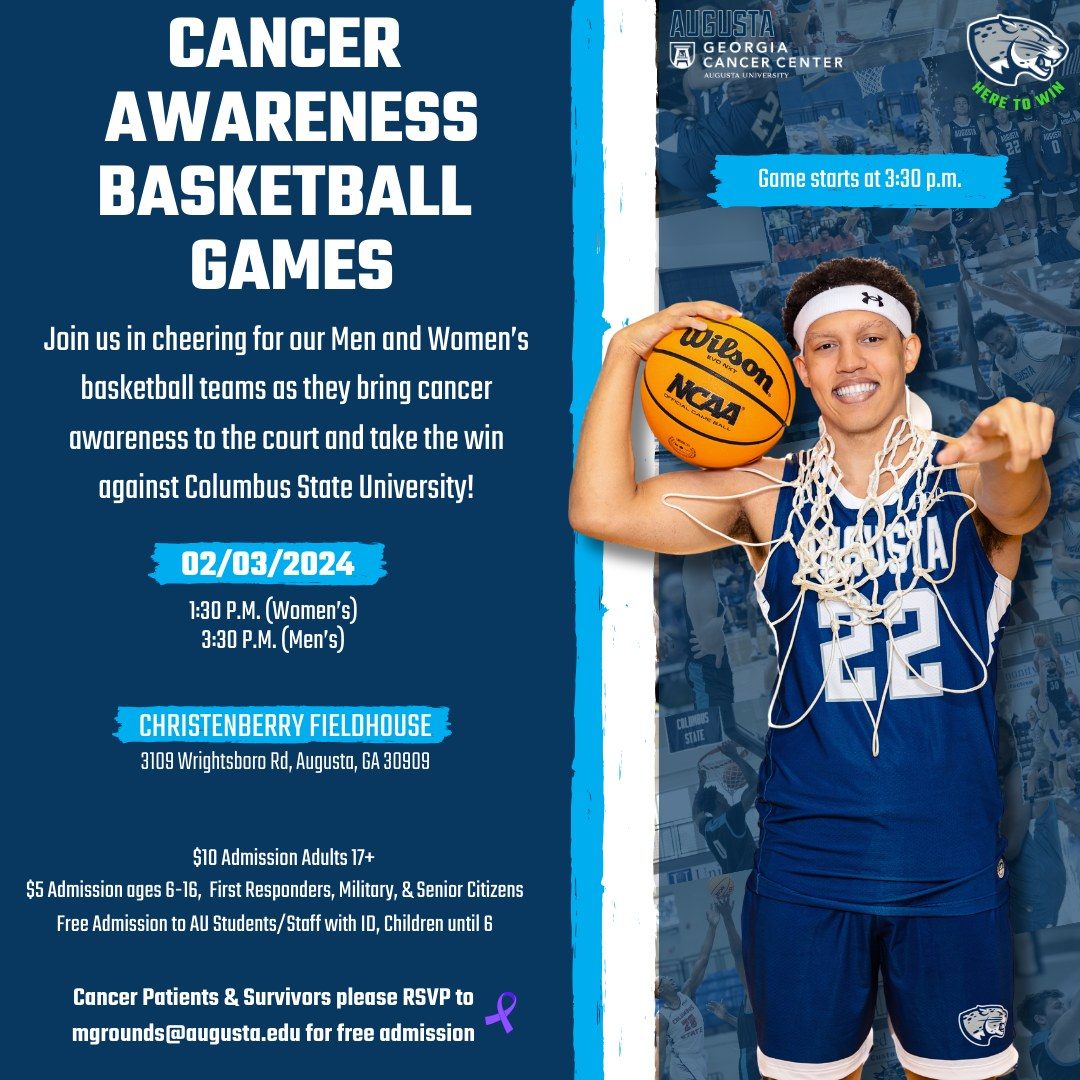 Mark your calendars and join @GACancerCenter and @AugustaJags on February 3rd for the Women's and Men's Basketball Cancer Awareness Games! 📆
