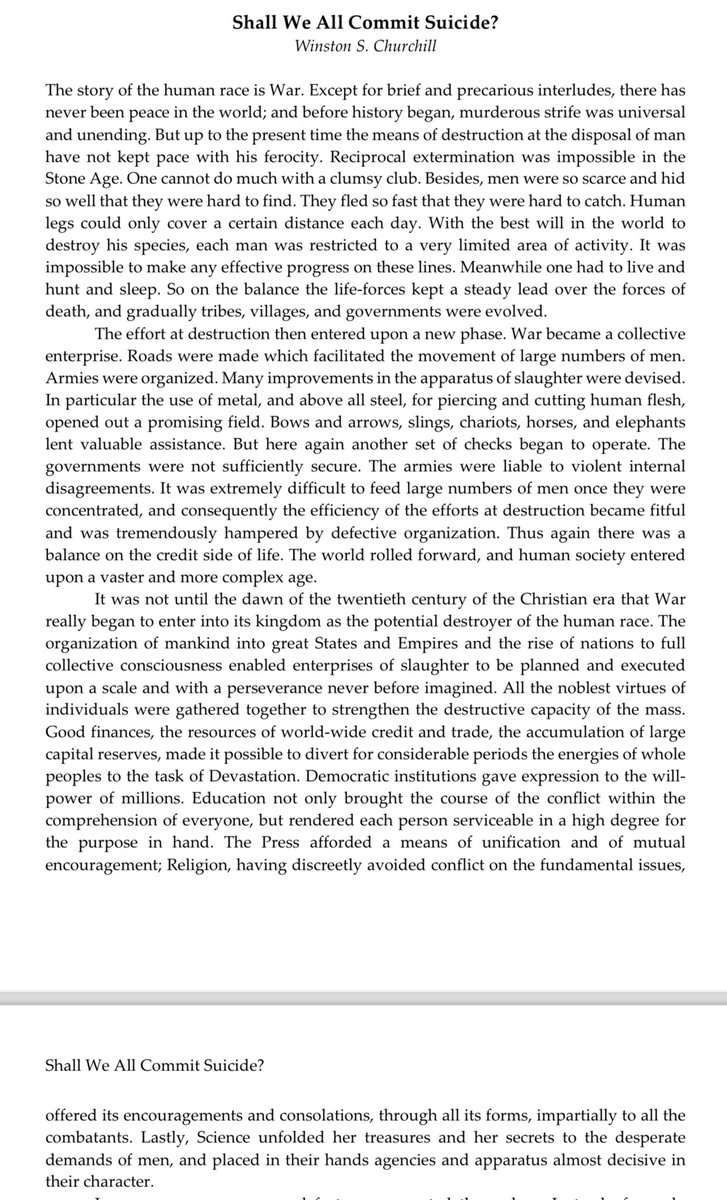 Churchill, 1924: “Might not a bomb no bigger than an orange be found to possess a secret power to destroy a whole block of buildings — nay, to concentrate the force of a thousand tons of cordite and blast a township at a stroke?” Incredible essay: akademician.files.wordpress.com/2019/08/church…