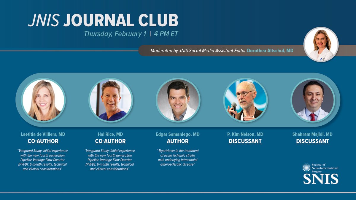 The next @JNIS_BMJ Journal Club is Thursday, 2/1 at 4pm ET! Authors Laetitia De Villiers, MD, @halrice and @esamaniego will sit down with JNIS Social Media Assistant Editor @DrAltschul and discussants P. Kim Nelson, MD and @MajidiShahram. pulse.ly/xngigujbkt