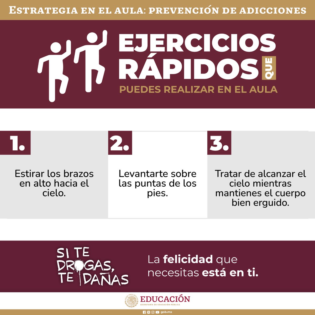 ¡Activa la mente y el cuerpo! 

🔔 Recuerda: ¡El deporte es la mejor dopamina para la mente y el cuerpo! 

Hagamos equipo frente a las drogas y compártenos qué acciones realizas para reforzar la importancia de movernos. 👏

Súbelo a tus redes sociales con el #EstrategiaEnElAula