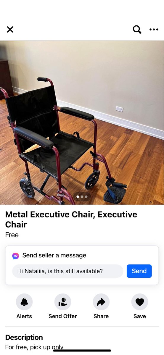 CaneAndCanines's tweet photo. New name for “wheelchair” dropped on FB marketplace and you know what? As a disabled “Executive Chair” user myself, I dig it. https://t.co/MPUT6gB4mo