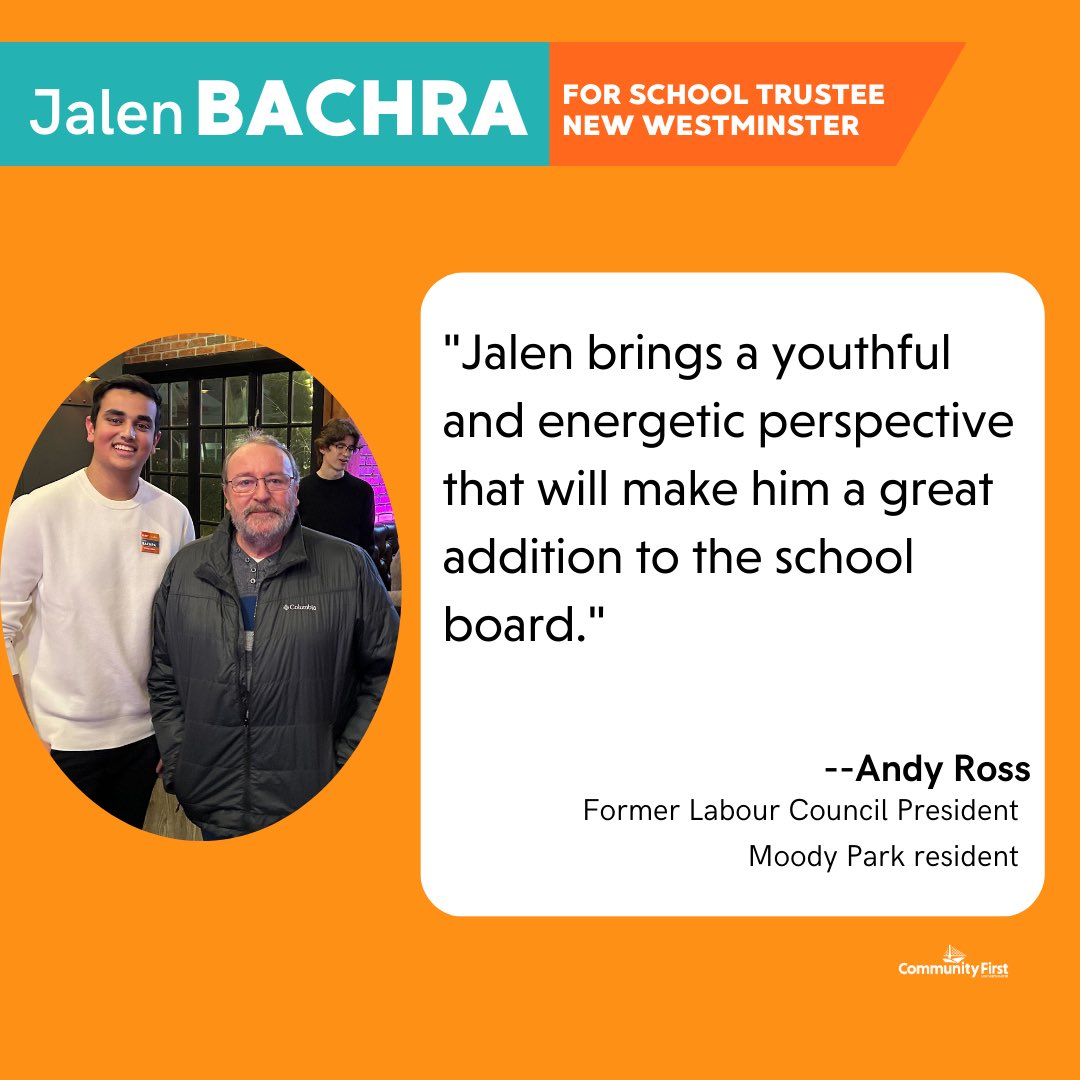 Energy, enthusiasm, and passion are all important traits to have to affect positive change. Thank you to Labour Activist Tania Jarzebiak and former Labour Council President Andy Ross for your endorsements of Jalen Bachra in the school board by-election.