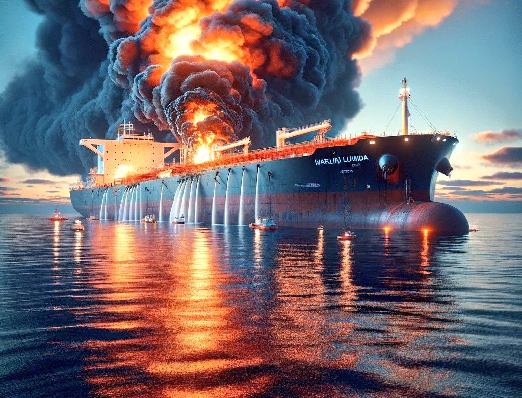 captsingh's tweet photo. Houthis missile hit on Friday evening. 

#ARTWORK image of the UK affiliated oil tanker "Marlin Luanda" in the Gulf of Aden on fire. 
The scene captures the evening setting with the fire and firefighting efforts on the ship.
No ships crew injured. 
@MY_MUSLIM 

#ARTillustrations https://t.co/spbYyhkNwL