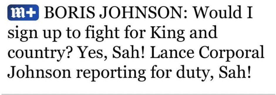 Number10cat's tweet image. Since he turned 16 in 1980 the UK's armed forces have fought in the following conflicts:
The Falklands war
Gulf war
Bosnian war
Kosovo war
Afghanistan war
Iraq war
Boris Johnson failed to sign up to fight in any of them.
