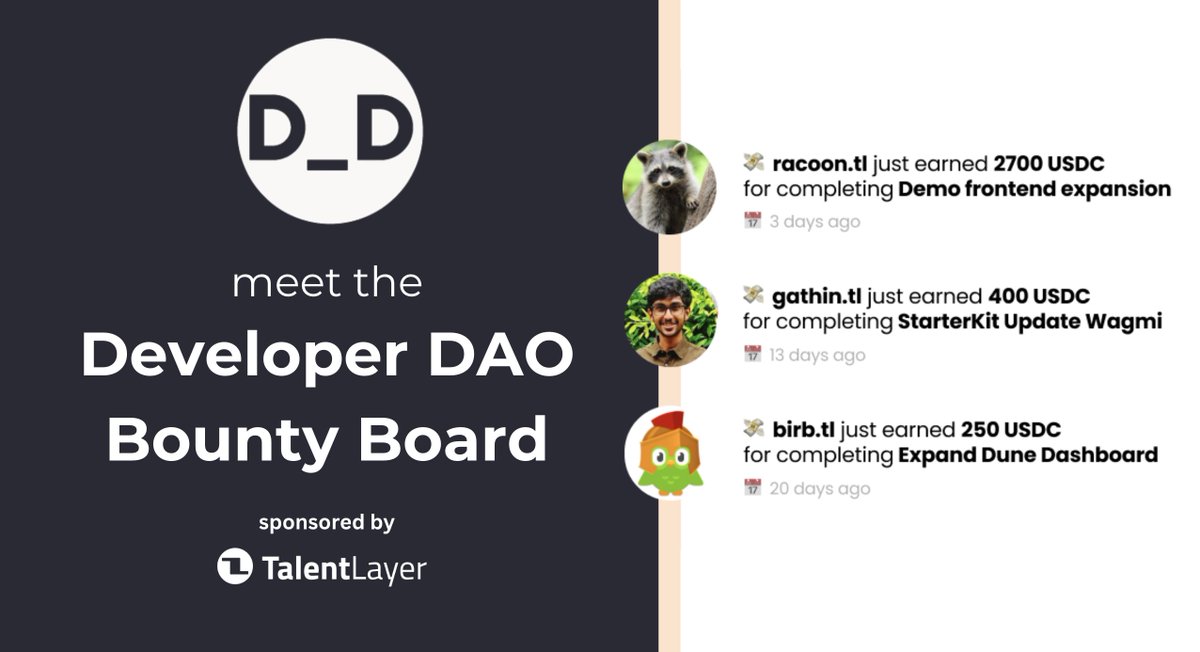 meet the <a href="/developer_dao/">Developer DAO (🧱, 🚀)</a> Bounty Board: an official place for ecosystems to post bounties DAO members to...

learn new tech stacks 🧠

contribute impactful code 💜

help grow the web 3 industry 🚀

earn money 💸

CTA: need ur comments on the gov forum! 
tinyurl.com/mv7mrp7k