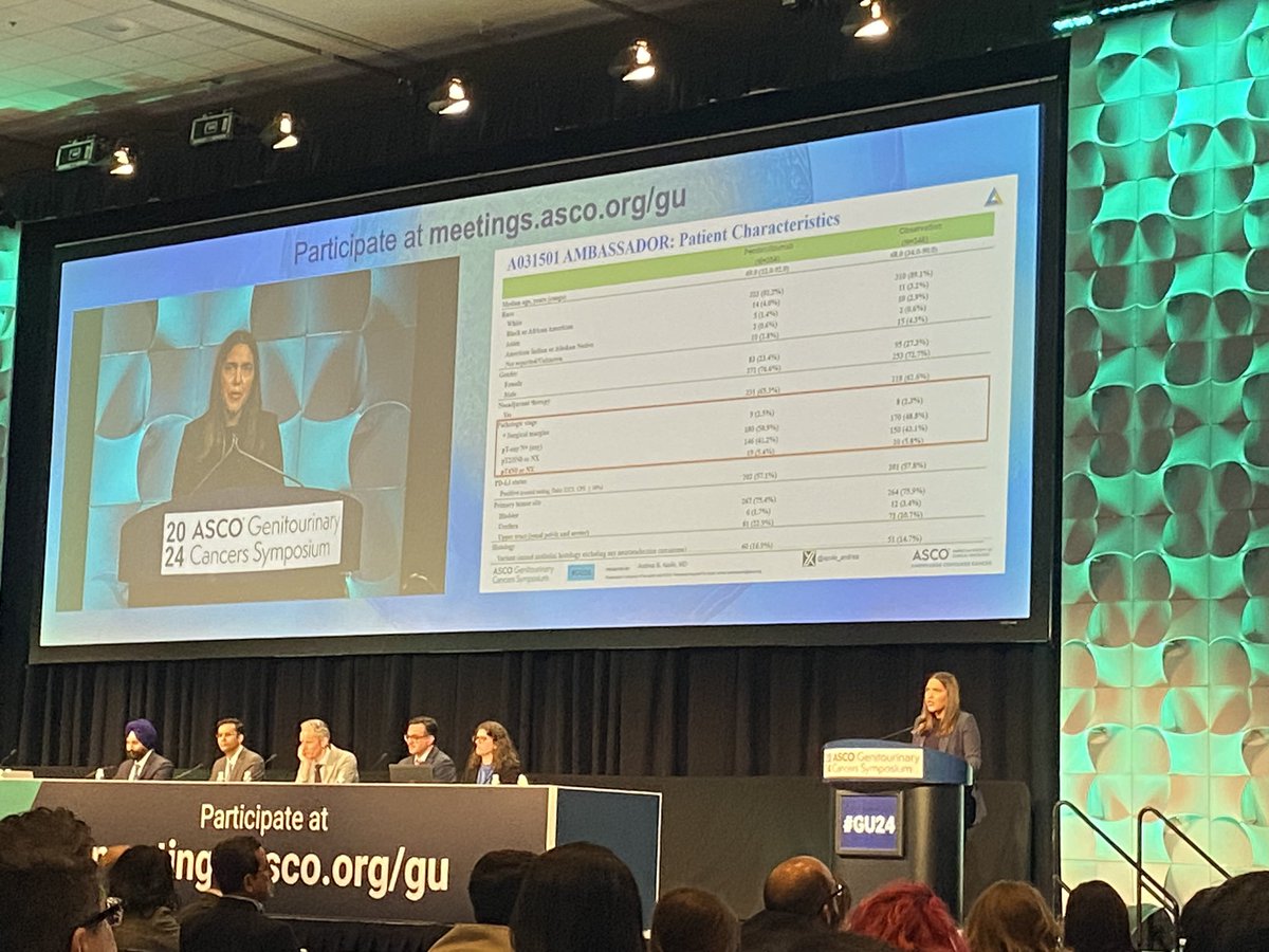 Right now, amazing clinician scientist, colleague and friend, Andrea Apollo, presenting positive results of the Alliance Ambassador Trial of adjuvant pembro vs observation following cystectomy in urothelial cancer. #GU24 @ALLIANCE_org