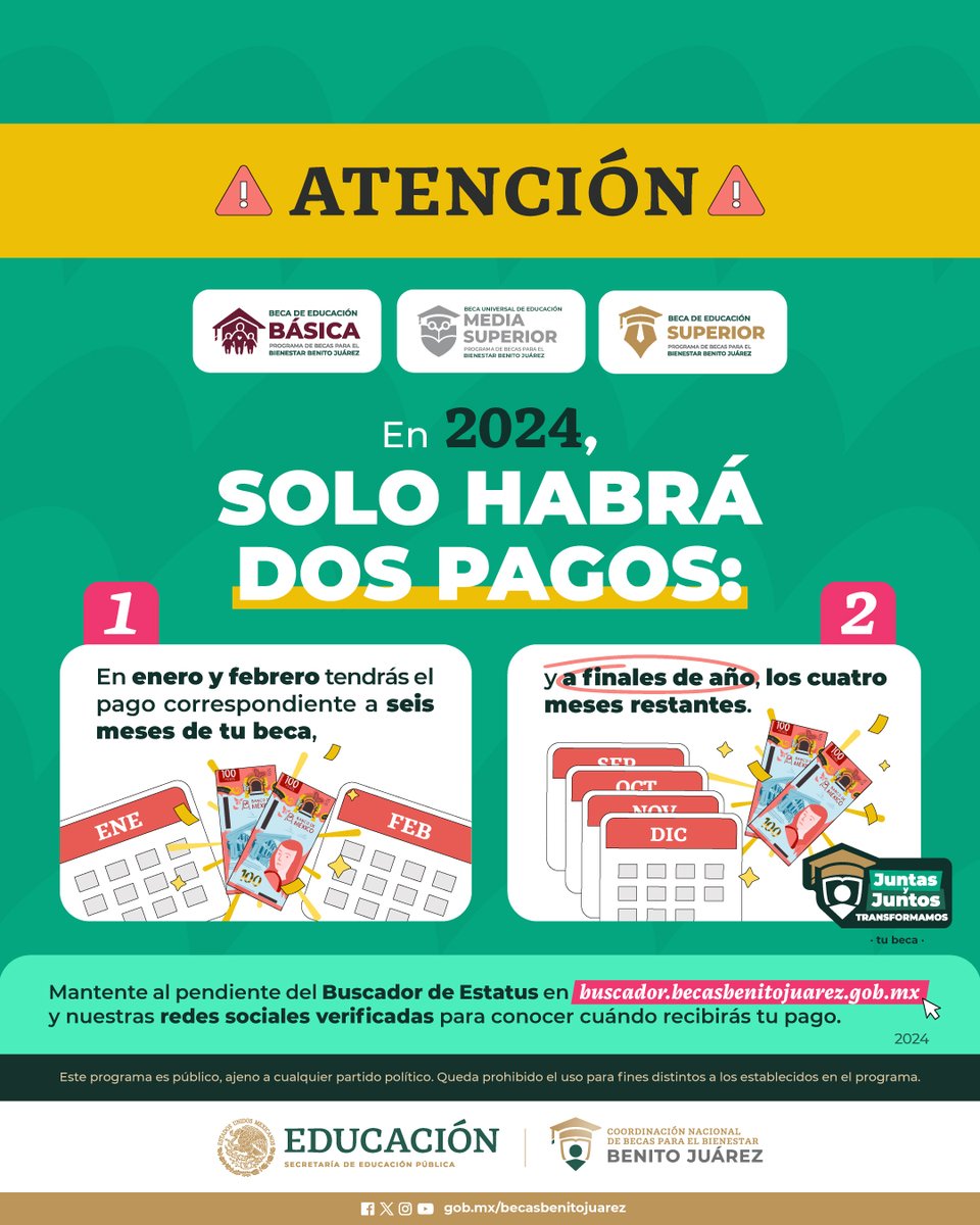 ⚠️ ATENCIÓN ⚠️

Becaria, becario y familia beneficiaria...

¡En 2024 SOLO HABRÁ 2⃣ PAGOS de tu #BecaBenitoJuárez! 🗓️

Revisa cuándo recibirás tu pago en el #BuscadorDeEstatus: buscador.becasbenitojuarez.gob.mx/consulta

O checa más info en bit.ly/CalendarioPago…