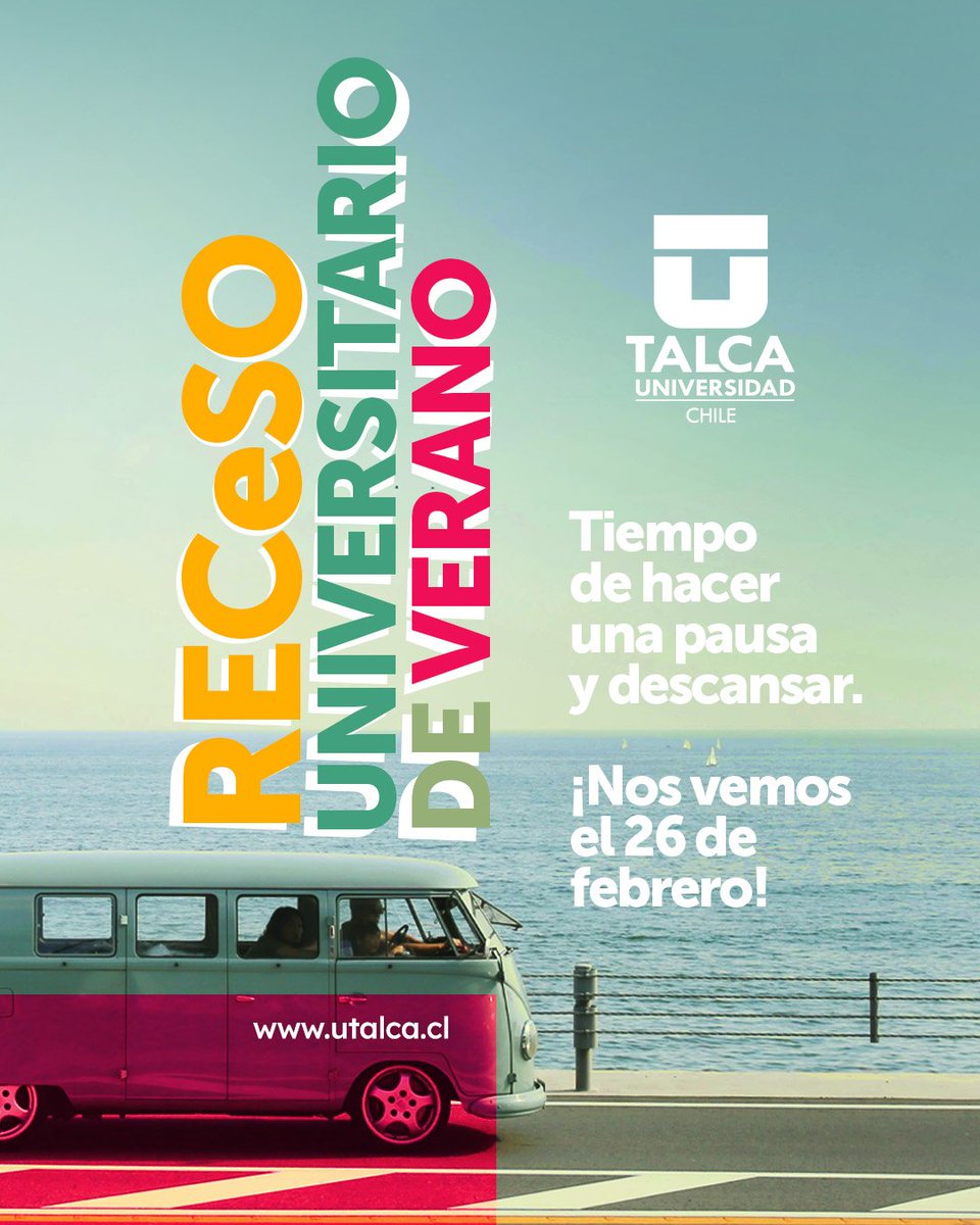 Receso Universitario de Verano UTalca ☀️
¡Llegó el momento de activar el modo vacaciones! 😎⛱️

Descansen y nos vemos el lunes 26 de febrero.

#UTalcaContigoEnVerano