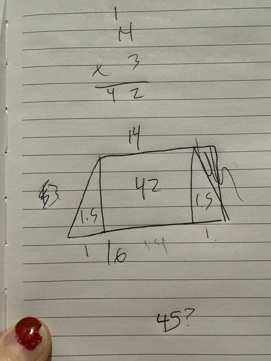 MathHesterman's tweet photo. Sometimes my idea of a good time on a Friday night is giving my kids math problems to try out and searching for their zone of proximal development. They didn’t know or need a formula to find the area of a trapezoid. https://t.co/d8LFaMyEKC