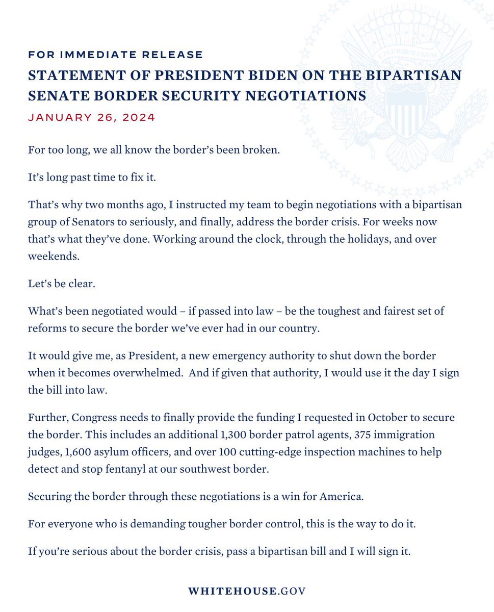 #ALMOMENTO | Joe Biden informa que cerrará inmediatamente la frontera entre #EUA y México si se aprueba un proyecto de ley con nueva autoridad de emergencia