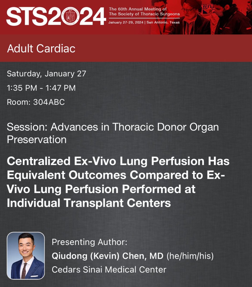 Looking forward to sharing our work on centralized EVLP at #STS2024 #EVLP #lungtransplant  @CedasCTSurgery
