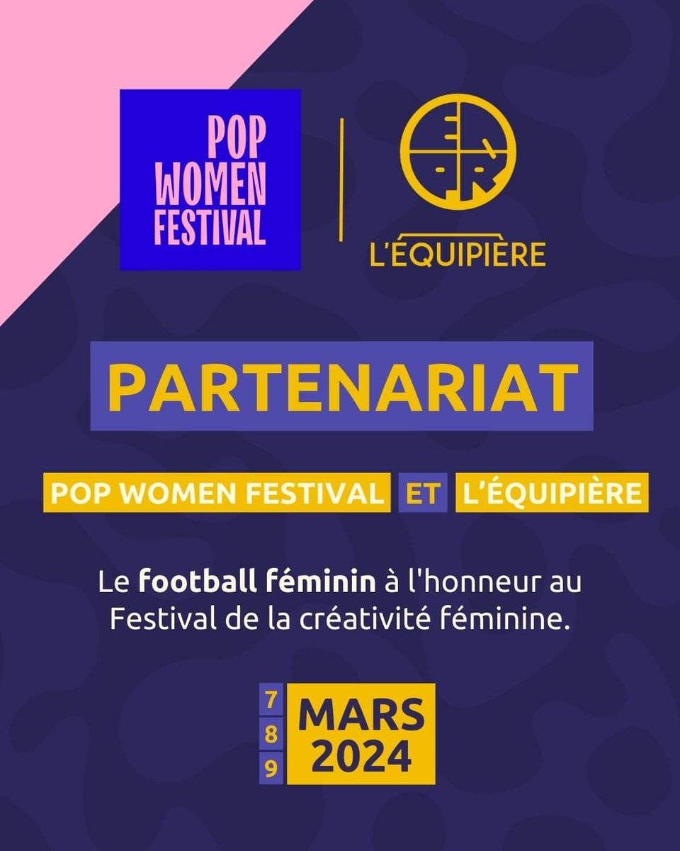 Nous sommes heureux d'annoncer notre nouveau partenariat avec <a href="/POPWFESTIVAL/">POP WOMEN FESTIVAL</a>  🤝

L'Équipière s'associe au Pop Women Festival pour faire croiser les mondes de la culture et du football au féminin.

👉 bitly.ws/3aIpM