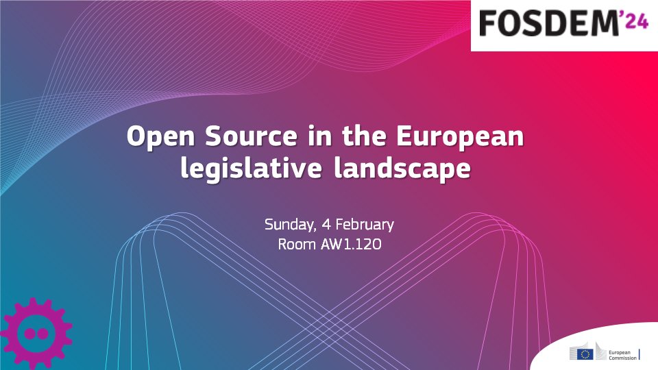 One week to @fosdem - one of the biggest open source events in Europe! ⚙️ We'll be there to talk tech, 🇪🇺 policy, legislation and how #OpenSource fits into the picture. Come and meet us on Sunday, 4 February or watch live. The schedule👉fosdem.org/2024/schedule/…