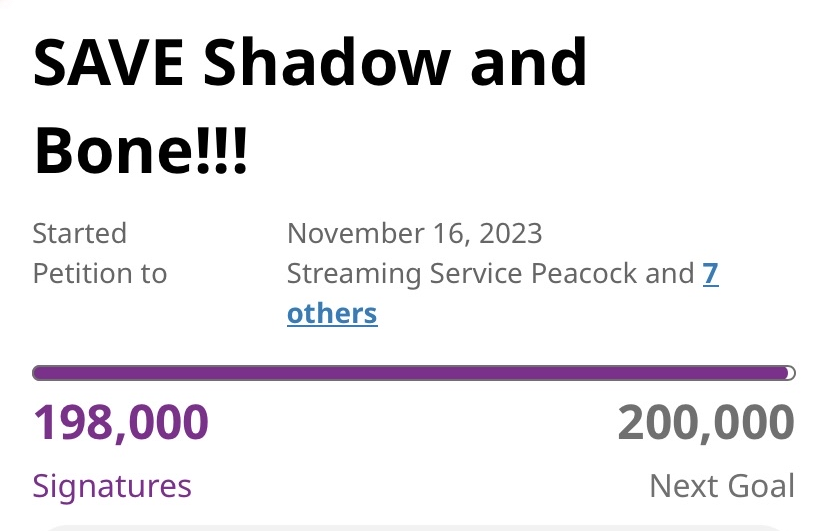 savethegrisha's tweet photo. Everyone! Amazing news! 🎉

We finally reached 198k signatures with our petition so there is only 2k left to reach this huge milestone of 200k!
Let's reach it soon  🫶
#SaveShadowAndBone #SixOfCrowsSpinoff #YetUncast https://t.co/ZakL8OnQ0v