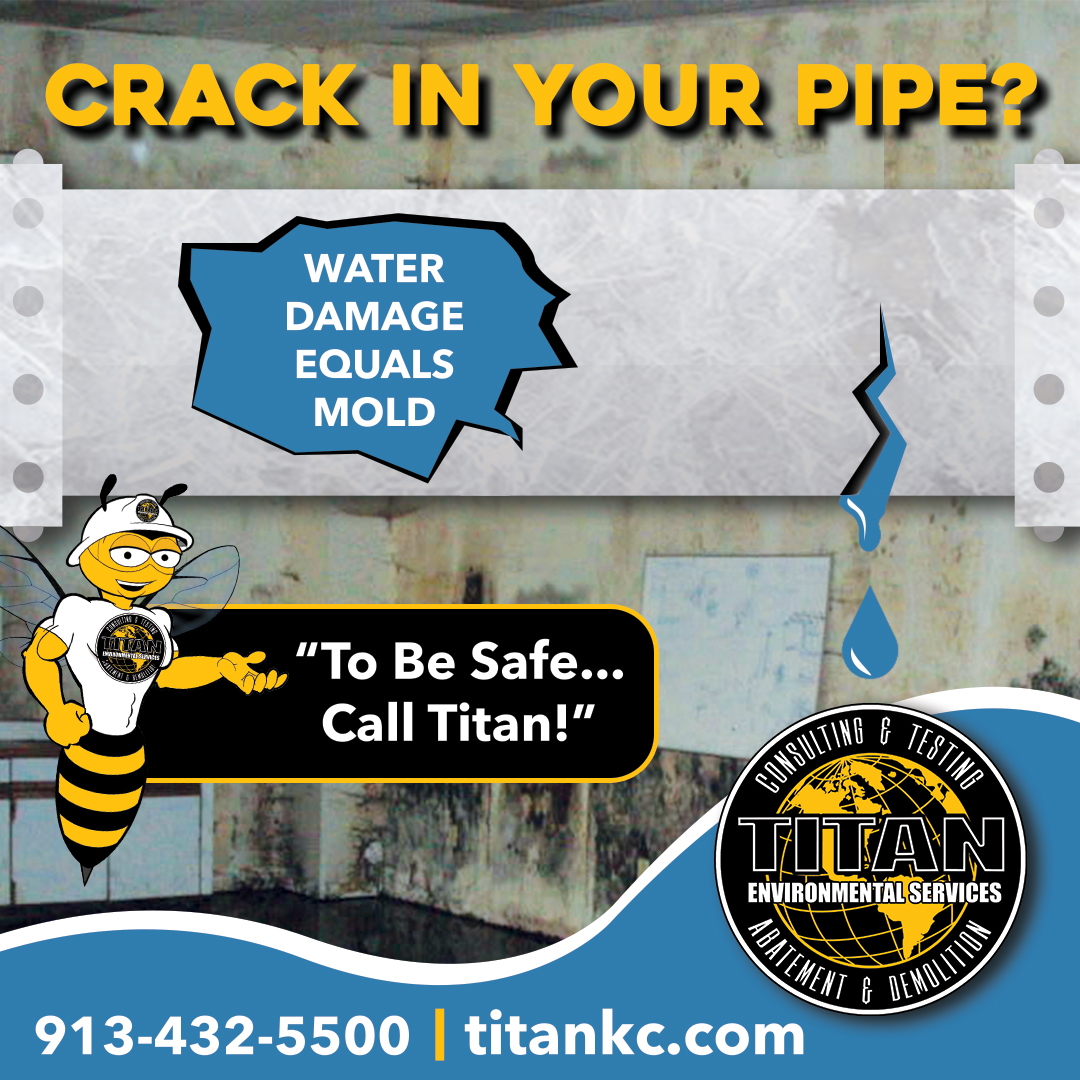 Even though you may not have crack in your pipe, water damage from any source can cause mold growth in only 24-48 hours. To Be Safe… Call Titan! #titankc #titanenvironmental #moldremediation #moldremoval #mold #KC #kcmo #kcrealestate #toxicmoldd #blackmold #kchomes
