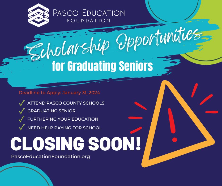 🚨 Pasco Graduating Seniors - Use this weekend to finish up your scholarship application! There are over 100 scholarships available to you in just one application. Apply now at: pascoeducationfoundation.org/students
#PEFscholarships #PascoScholarships