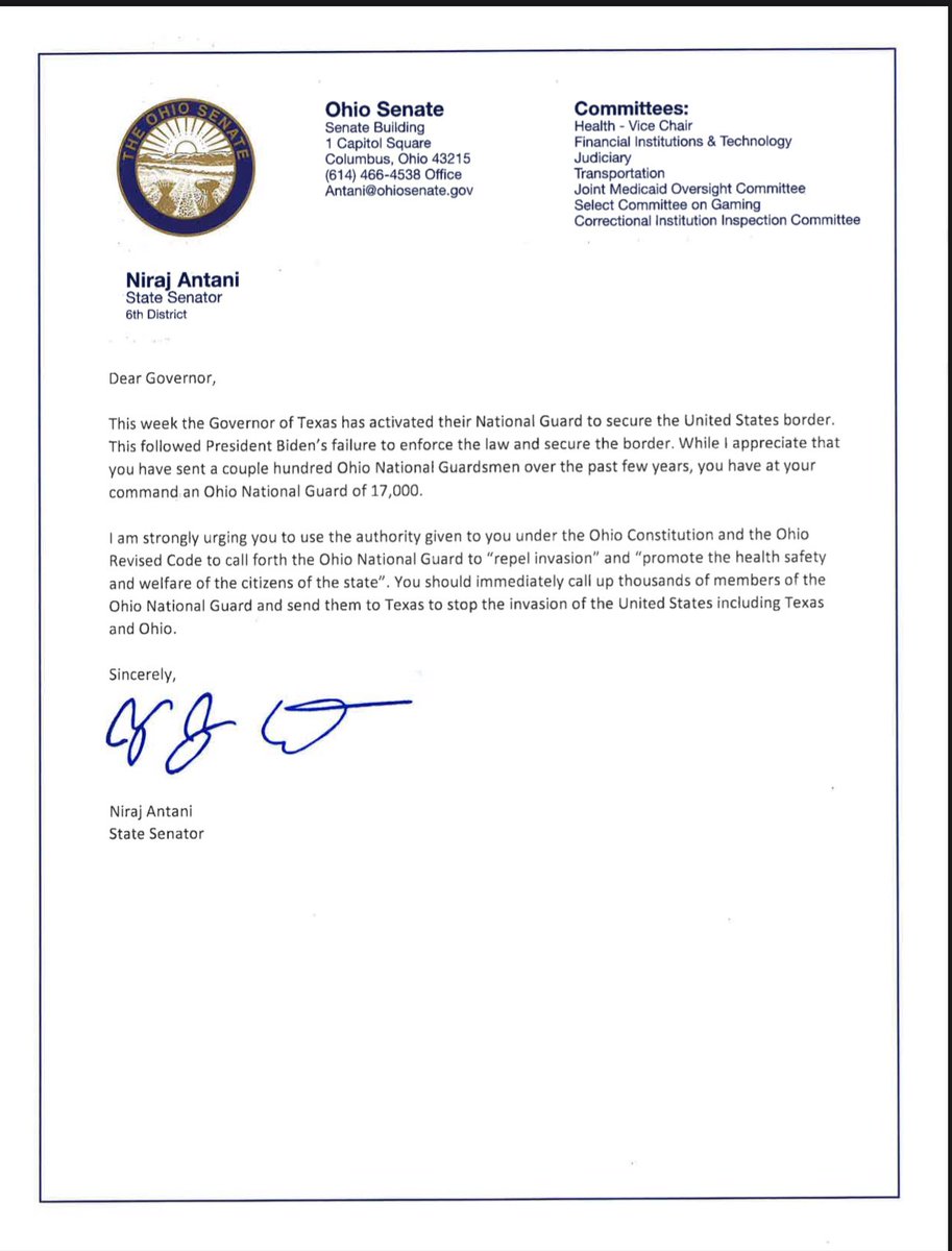 TODAY: I sent a letter to the Governor calling on him to activate the Ohio National Guard and send thousands of them to the Texas border to assist Governor @GregAbbott_TX & the Texas National Guard in securing the southern border. It’s time to stop the invasion.