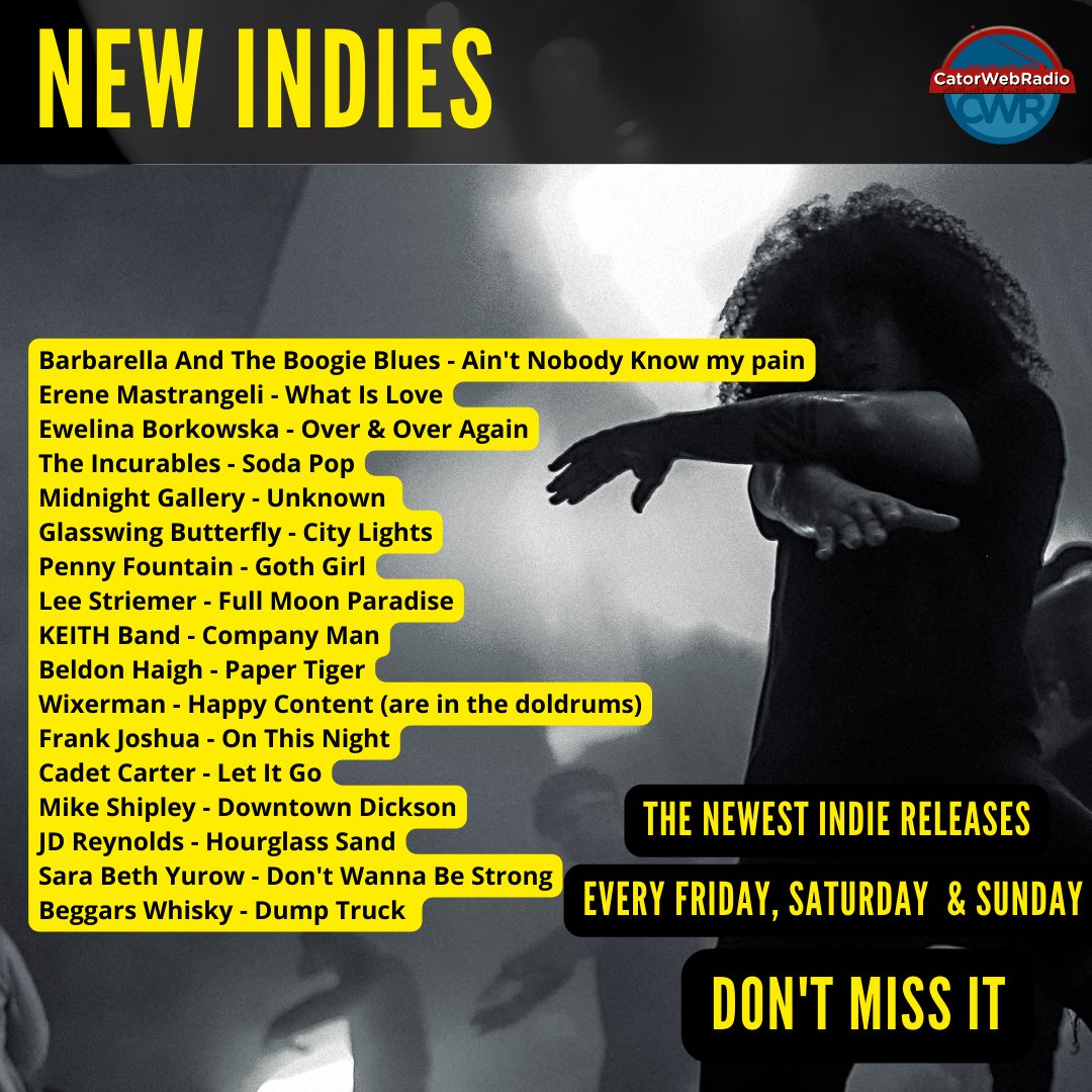 #NowPlaying #NewIndies
@Rachel_M_Music
#EreneMastrangeli
#EwelinaBorkowska
@TheIncurablesMI
#MidnightGallery
@GlasswingB42762
@pennyfountainb
@LeeStriemer
#KEITHBand
@beldonhaigh
@wixerman 
Simon Pitkeathley
@CadetCarter
#MikeShipley
@JDReynoldsOFL
@wasntmeOoO
#BeggarsWhisky