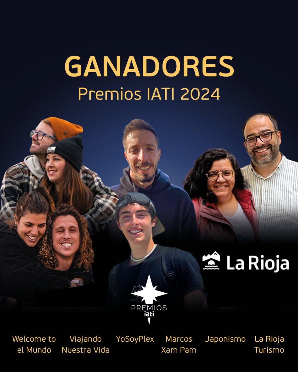 ¡GANADORES DE LOS PREMIOS IATI 2024! 🏆
🌟📸Welcome to el Mundo
🌟🚐@vnvida
🌟📹@yosoyplex
🌟💃 Marcos Xam
🌟✍🏻@japonismo
🌟🌐@lariojaturismo

¡Enhorabuena a todos! 👏  Por más años de #PremiosIATI en tan buena compañía 🧡

#premiosiati #fitur