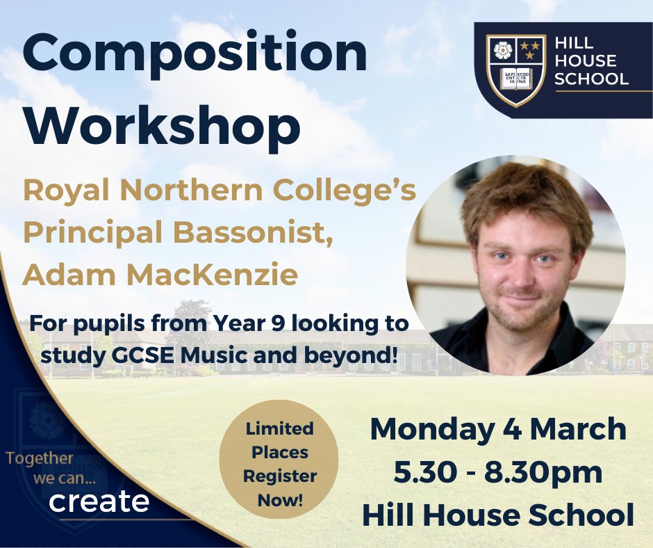 HillHouseSchool's tweet photo. This free event is perfect for pupils from Year 9 who are considering studying music at GCSE &amp; beyond and will focus on elements of composition with valuable guidance from Adam himself! 
Register 👉https://t.co/Ovzg7uFDu9…
#GCSEMusic #DoncasterisGreat #Workshop #TogetherWecan https://t.co/5BU85U1zMq
