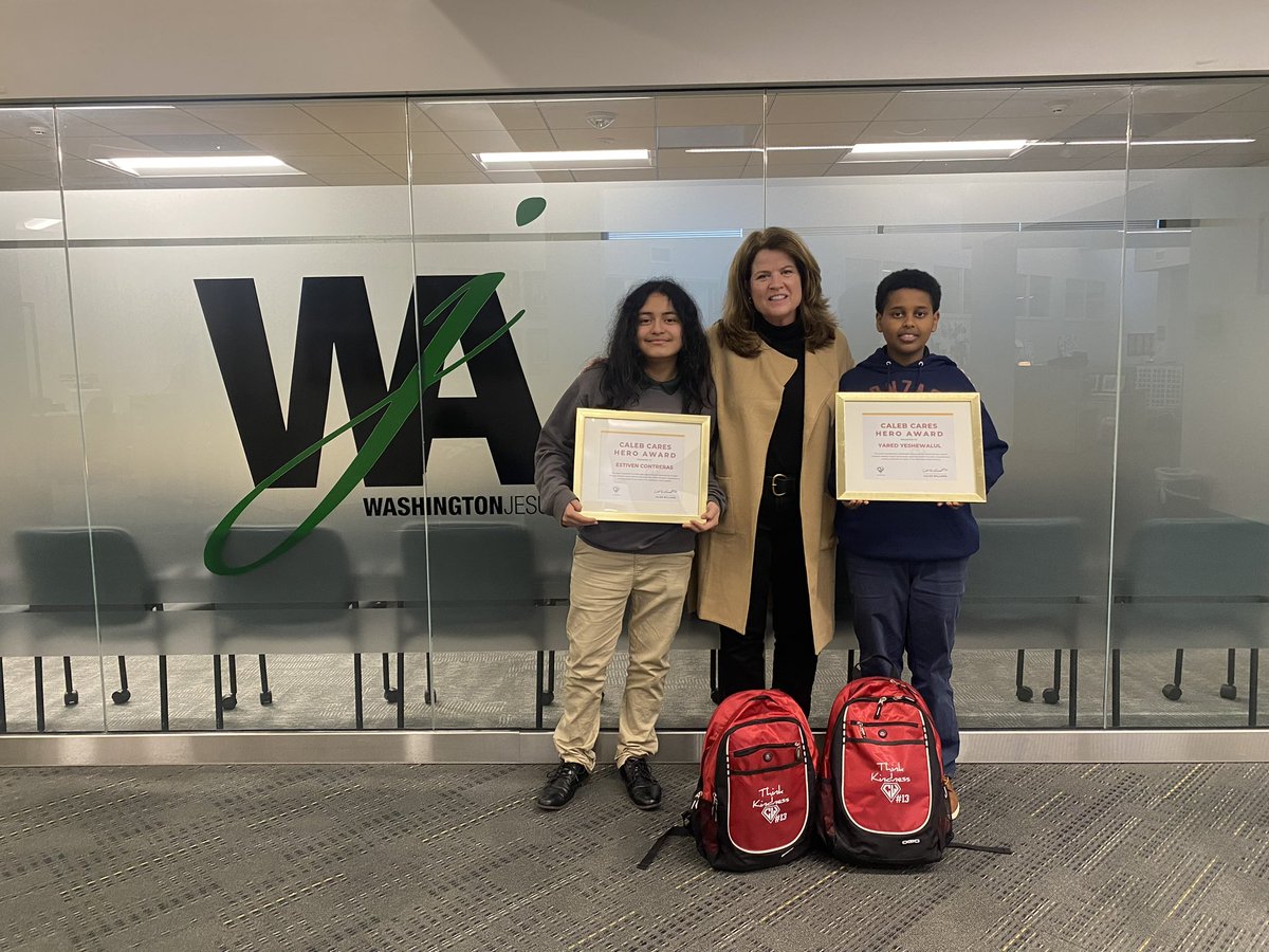 Congratulations to Estiven and Yared, our December and January Caleb Cares Hero Award winners from @WashJesAcademy! They were celebrated for their kindness and leadership and presented their awards by Caleb Cares Director Patsy Mangas at a recent assembly!