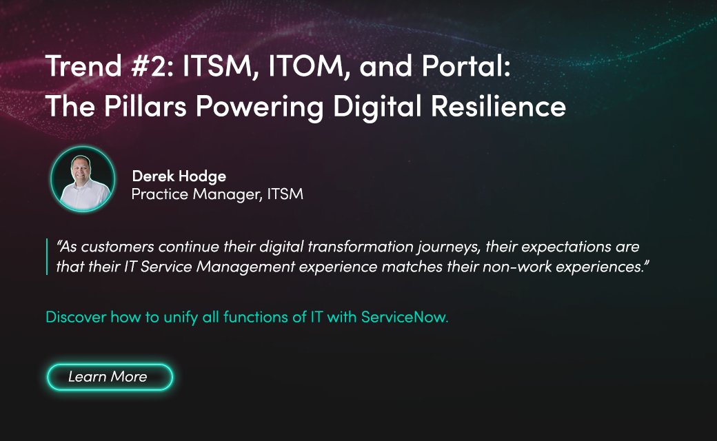 ⭐ Discover 2024 ServiceNow Trends with Thirdera.

Let's unpack Trend #2:
ITSM, ITOM &amp; Portal: The Pillars powering digital resilience.

✔️ Download the full report to learn more about 2024 ServiceNow trends hubs.ly/Q02hVH7t0

#thirdera #servicenow #cognizant