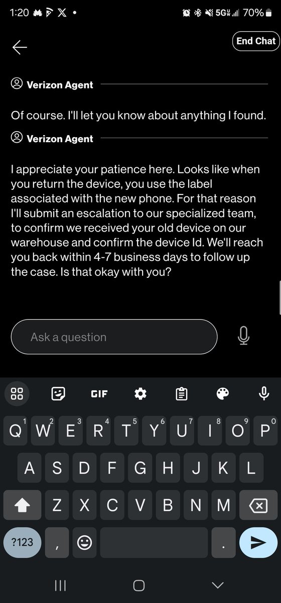 MartishFish's tweet photo. @VerizonSupport has literally been awful. This is day 5 but the 3 different people i chatted with today all gave me different answers. I just want the information I was promised from my damn chats today like the tracking YOU generated for the return 🙃🙃 https://t.co/Ig3k4cnfKN