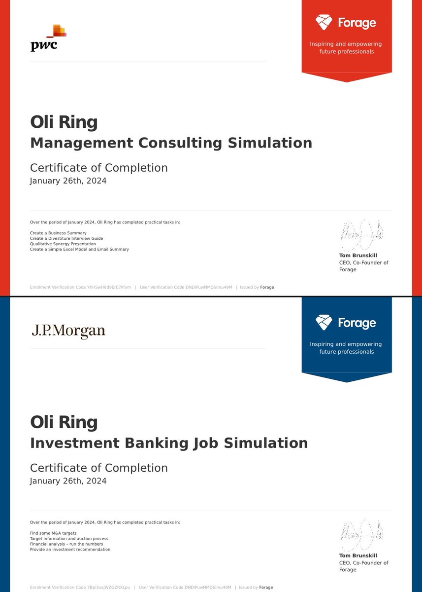 Ringbtw's tweet image. PWC and JP Morgan job simulation done in 1 day