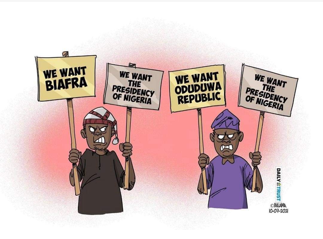 Since you asked for it, let me show you what bias looks like, Bulama. 1. Cartoons like this imply that the folks who agitate for Biafra or Oduduwa Republic are the same folks who clamour for presidency or became Obidients. The same logic can be extended to Arewa...