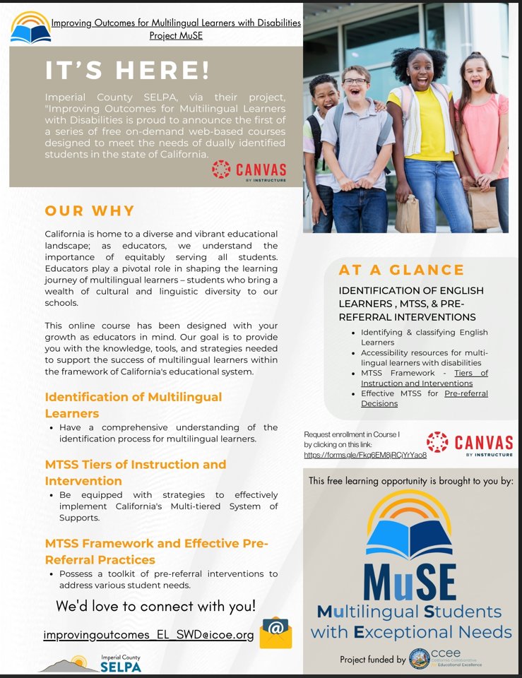 el_swd's tweet image. #ICYMI Register now! Our @Canvas_by_Inst course is available 🚨 FREE for all practitioners serving #DuallyIdentified students. Course 1 focuses on identification of #EnglishLearners &amp;amp; #StudentsWithDisabilities request enrollment ➡bit.ly/3ubmarm