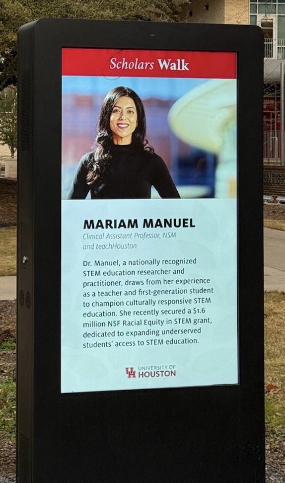 UH College of Natural Sciences and Mathematics (@uh_nsm) on Twitter photo Mariam Manuel, clinical assistant professor and master teacher for <a href="/UHteachHOUSTON/">teachHOUSTON</a>, is the latest UH faculty member to be featured on the UH Scholars Walk!
As a #STEMeducation researcher, she has made it her mission to extend STEM education access to all. ❤️👏👏
#STEMforALL Mariam Manuel, clinical assistant professor and master teacher for <a href="/UHteachHOUSTON/">teachHOUSTON</a>, is the latest UH faculty member to be featured on the UH Scholars Walk!
As a #STEMeducation researcher, she has made it her mission to extend STEM education access to all. ❤️👏👏
#STEMforALL
