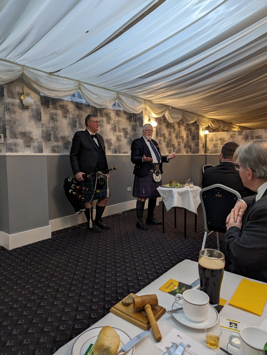 We are lucky enough to be meeting on the night itself. Burns night 2024. Paddy the Piper addresses the Haggis.