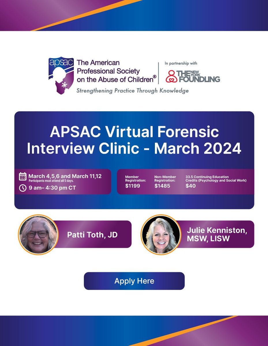 Coming Soon! APSAC Virtual Forensic Interview Clinic is March 4, 5, 6 and March 11, 12. Register Now⬇️ buff.ly/3u6Mh2x #APSAC #TheNYFoundling #StrengtheningPracticeThroughKnowledge #ForensicInterviewing