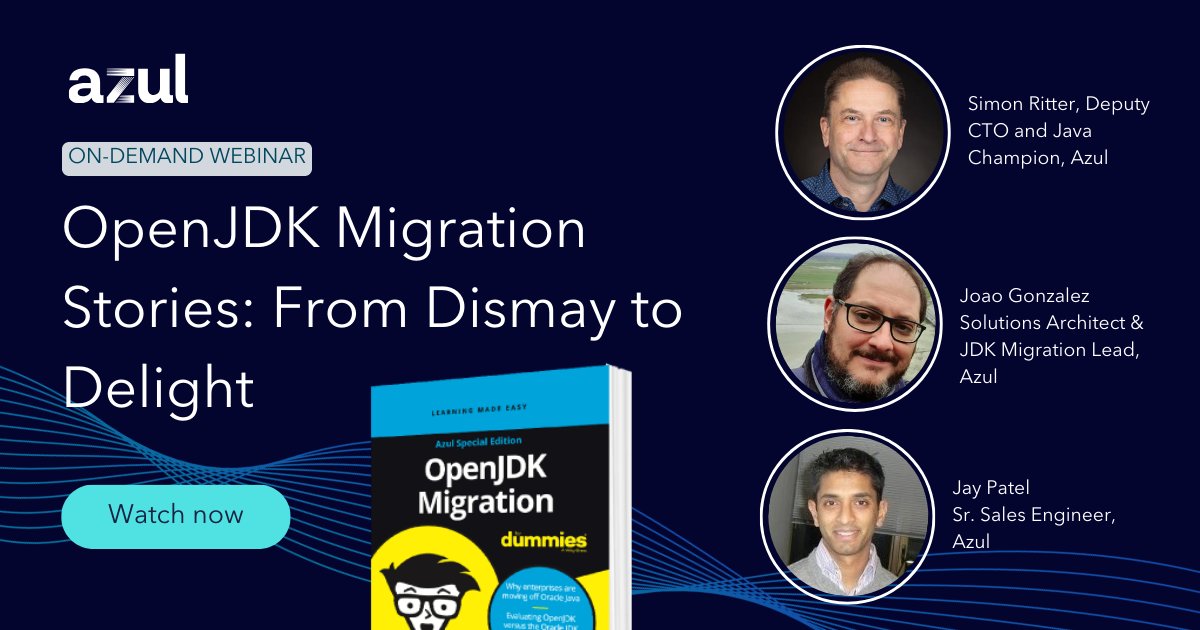 AzulSystems's tweet image. Explore real-world #OpenJDK migration stories – from dismay to delight! Watch the on-demand webinar: azul.com/tech-talks/ope…
#Java #javasuperhero #openjdkmigrationfordummies
