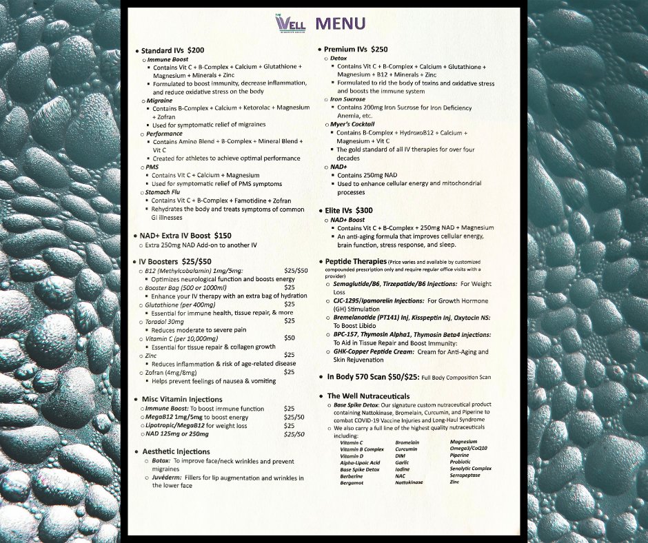 Check out our recently updated Well Menu and our newly added services!!
We also offer #PRP injections for a variety of conditions that Dr. Procter is really excited about. #NAD #Botox #Juvederm #Semaglutide #Glutathione #B12 #Immuneboost