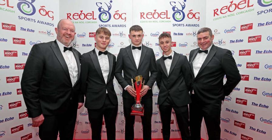 Youghal players and mentors who collected an award at the @RebelOg_ Awards, last week at the Silver Springs Hotel, as part of the East Cork team that won the Celtic Challenge in June. L to R: Alan Geary (manager), Marty Desmond, Ronan O’Brien, Fionn Hill & Pat O’Brien (selector).