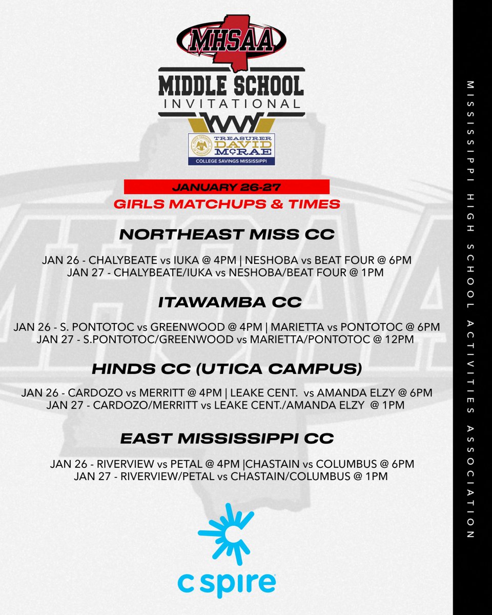 misshsaa's tweet photo. Our 2024 Middle School Basketball Invitational presented by College Savings Mississippi continues this weekend. Take a look at the invitational schedule brought to you by @CSpire for all the matchups and game times across the state!

@DavidMcRaeMS https://t.co/XBrTLEJteV