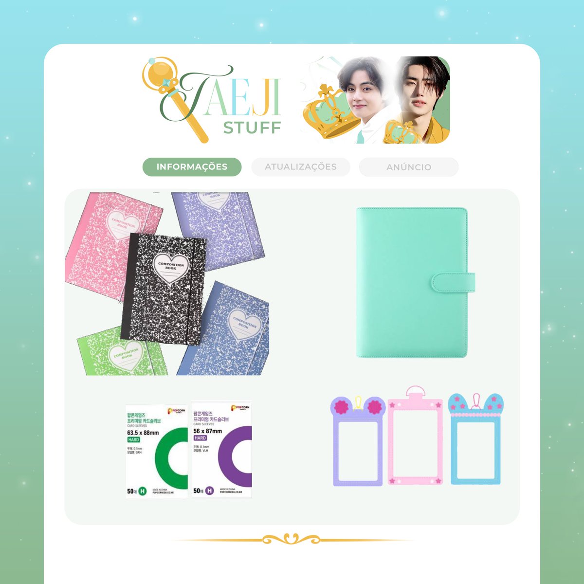SORTEIO TAEJISTUFF!!!

Prêmios:
São 3 vencedores no total;

1° Ganhador : 1 binder lucalab OU 1 binder macaron . (Poderá ser escolhido entre qual modelo desejar,  ambos são A5)

2° Kit de sleeves popcorn ( 2× 56×87 e 2× 63,5×88)

3° Holder da escolha do ganhador mediante a minha