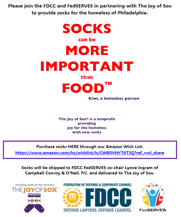 lynneoingram's tweet photo. Please join the @fdcclaw and FedSERVES in partnering with @thejoyofsoxorg to provide socks for the homeless of Philadelphia. Purchase socks HERE through our Amazon Wish List:
https://t.co/mXshdrATC6 https://t.co/lhr4szhw6J