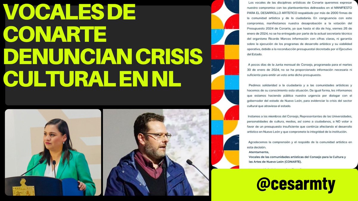 cesarmty's tweet photo. 🔴⚡️#ULTIMAHORA
Vocales de @conartenl rechazan votar presupuesto 2024, denuncian que secretario técnico @Guru_Cultural no ha entregado información y solicitan reunión con el gobernador @samuel_garcias para hablar sobre la crisis en la @SCulturaNL que encabeza  @MelissaSeguraG. https://t.co/h210Ol3FNy