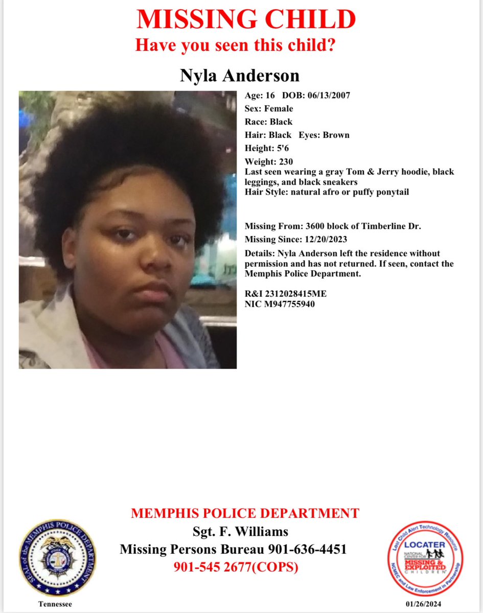 MEM_PoliceDept's tweet photo. Have you seen Nyla Anderson?
Report #2312028415ME https://t.co/egsdL5yi7I