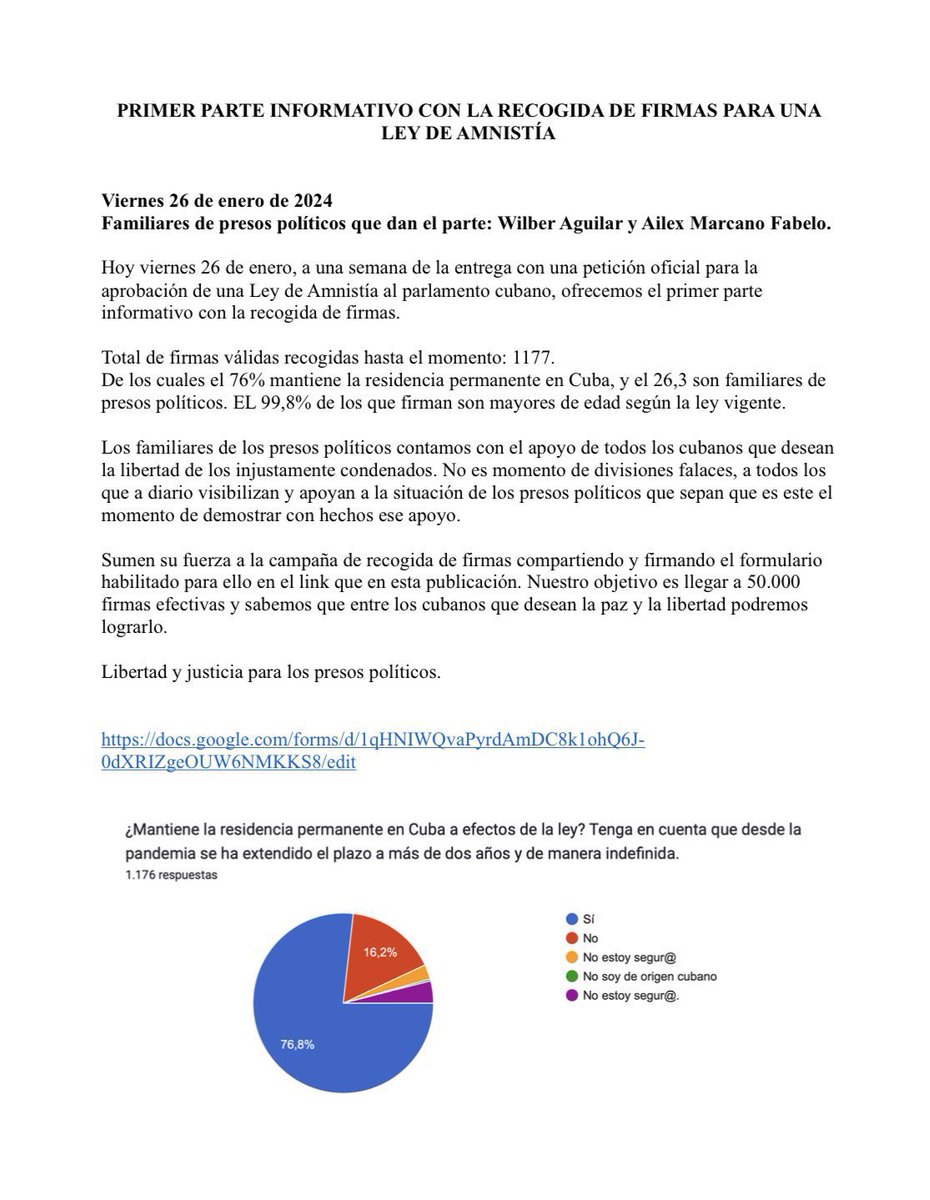ContextoCubano's tweet photo. #Cuba: Primer parte sobre la recogida de Firmas para la discusión de una Ley de Amnistía a los Presos Políticos por la @AsambleaCuba. Ya se han recogido 1177 firmas, de las cuales el 76% son de residentes permanentes en Cuba. Se tiene como objetivo sumar más de 50 mil firmas. https://t.co/HxhsRnYr00