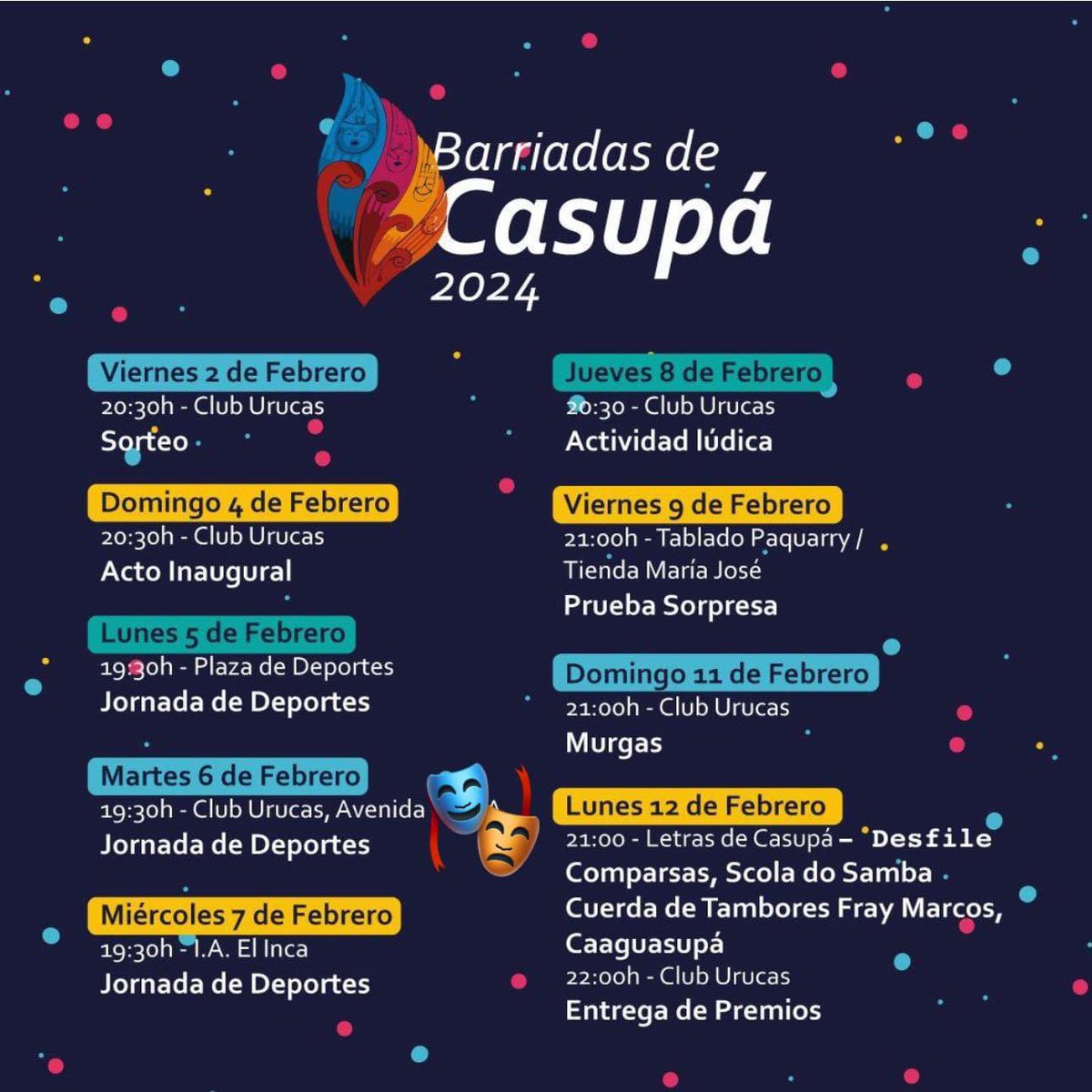 Oliva_Lucho's tweet photo. Se viene el CARNAVAL en @CasupaMunicipio con las barriadas organizadas por Club URUCAS y un grupo de colaboradores. Febrero se viene con tablados, desfile y el primer encuentro de Arte Internacional de Motosierras 🎭🎊
@FloridaIDF @turismo_florida https://t.co/Xs5WvpIenb