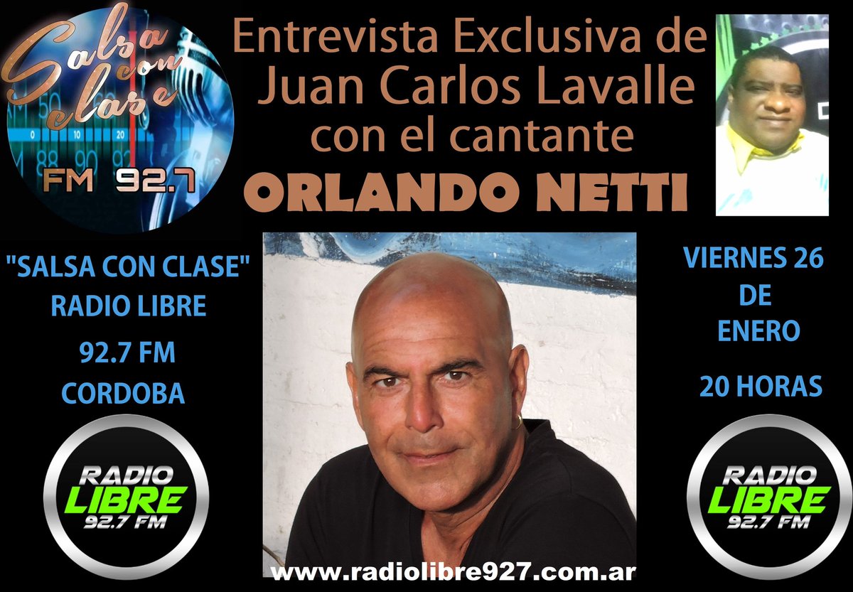 Hoy, a las 20 horas de Argentina, estaré con Juan Carlos Lavalle en el programa 'Salsa con clase' de Radio Libre  FM 92.7 de la Ciudad de Córdoba. #entrevista #radio #streaming #radiofm #música #VolverASentir