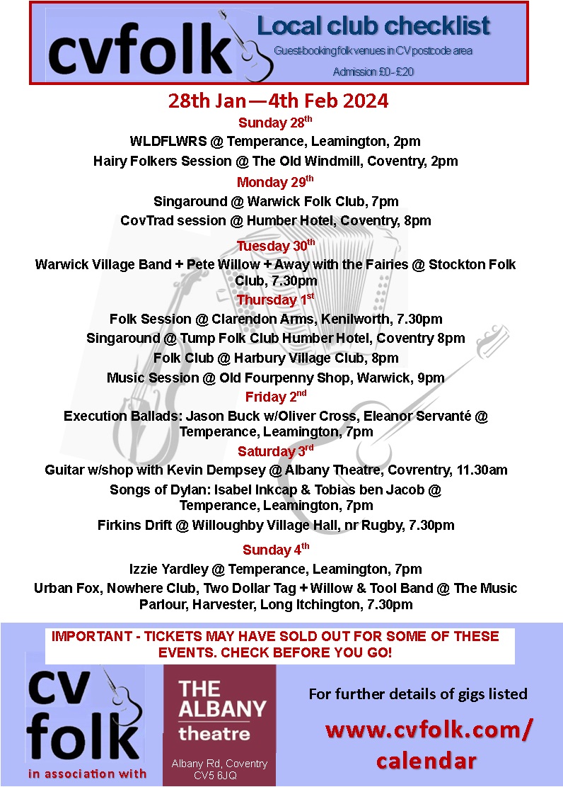 Highlights for next week's local folk events (admission £20 or less). For more info, go to cvfolk.com/calendar/ #Coventryfolk #Warwickshirefolk #folkclubs