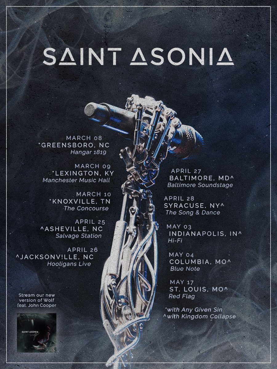 We’re stoked to hit the road with @saintasonia this Spring! 🔥 Catch us on the dates below: April 25th - Asheville, NC April 26th - Jacksonville, NC April 27th - Baltimore, MD April 28th - Syracuse, NY May 3rd - Indianapolis, IN May 4th - Columbia, MO May 17th - St. Louis, MO