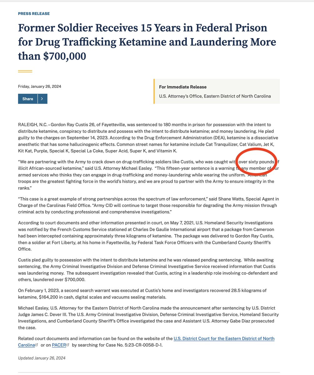 sethharpesq's tweet photo. This is wild. The feds busted an AFRICOM drug-trafficking ring, run by Fort Bragg soldiers, that was moving enough ketamine from Cameroon to Fort Bragg to send tens of millions of people down a K-hole. https://t.co/7UFDyCM1LB